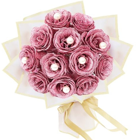 12 bouquet di rose rosa glitterate, bouquet di fiori finti fai da te con bouquet di glitter, fiori artificiali eterni lucidi per San Valentino, anniversario, laurea, compleanno, con perle.