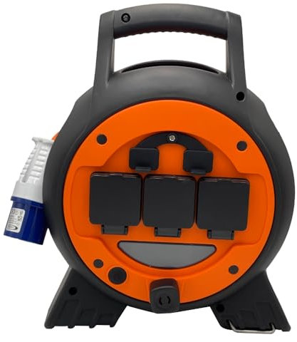 CONNEXION 5-in-1 Mobile Mains Roller Power Unit 15m 3 Way UK Sockets, 2 USB Ports LED Lights 25A RCD 10A Circuit Breaker Caravan & Camping Hookup Cable Extension Lead Reel IP44 Weatherproof