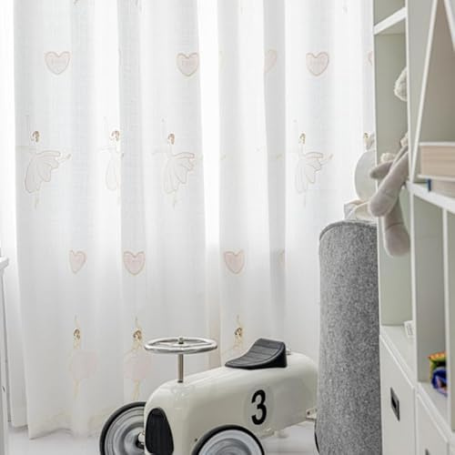Vorhänge mit Rosa Ballettmädchen Schöne Stickerei Vorhang, Transparent Lichtdurchlässige Vorhänge Muster Gardinen mit Ösen 2er Set für Schlafzimmer und Wohnzimmer Vorhang 170x260cm (Breite/Höhe)