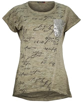 Malito - Damen Kurzarm T-Shirt - meliertes Shirt mit Pailetten-Tasche - Lettering-Print Oberteil - Sommershirt Rundhals Streetwear Look 46734
