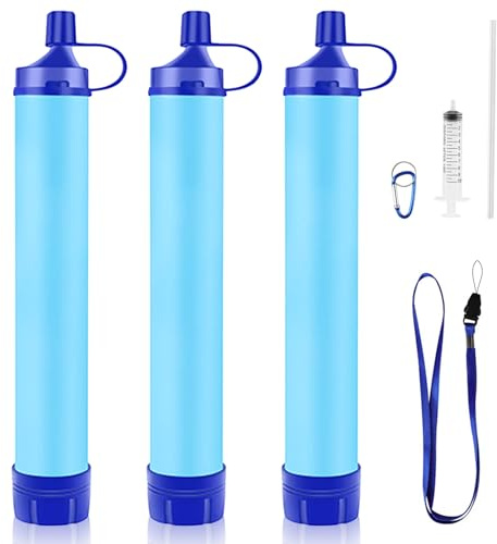 GOLDJU Wasserfilter Outdoor Camping 3 Pack, Trinkwasserfilter für 1500 Liter gefiltertes Wasser, Filtergenauigkeit bis zu 0,1 Mikron, Entfernt 99,99% Aller Bakterien, BPA-frei,blau