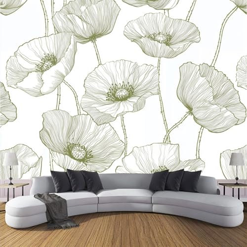 3D Panoramic Custom Wallpaper Mural Hand-Drawn Pattern,White 150×105cm,Sage Green Poppy Flowers Wallpaper Mural, Living Room, Bedroom, Office Home Decoration