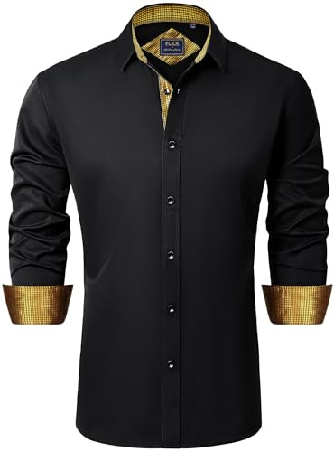 J.VER Hemd Herren Langarm Regular Fit Bügelleichtes Langarmhemd Klassisch Stretch Oversize Businesshemd Freizeit Hochzeit Hemd,Schwarz Gold,M