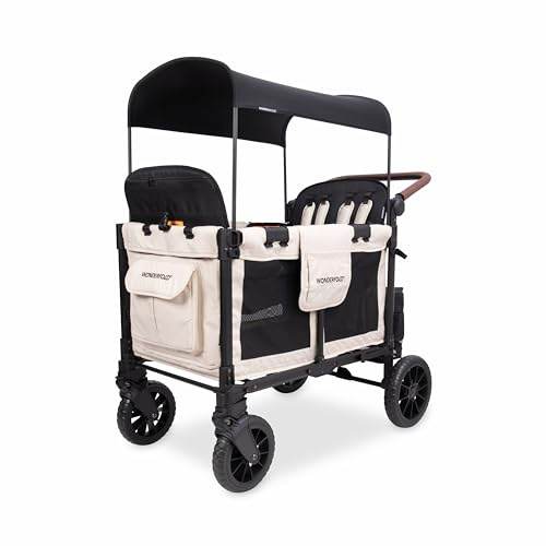 WONDERFOLD W4 Luxus Bollerwagen 4 Sitzer – Faltbarer Kinderwagen für 4 Kinder, Geschwister und Zwillinge – Komfortabler Krippenwagen mit Sonnendach und 5-Punkt-Gurten