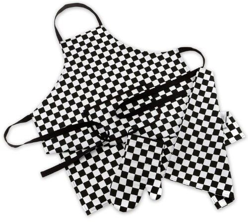 Chef's Check 3 Piece Apron/Oven Glove/Tea Towel Set, Black/White