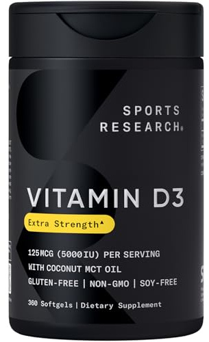 Sports Research Vitamin D3 5000 IU with Coconut MCT Oil - High Potency Vitamin D Supplement for Immune & Bone Support - Non-GMO Verified, Gluten & Soy Free – 125mcg, 360 Liquid Softgels