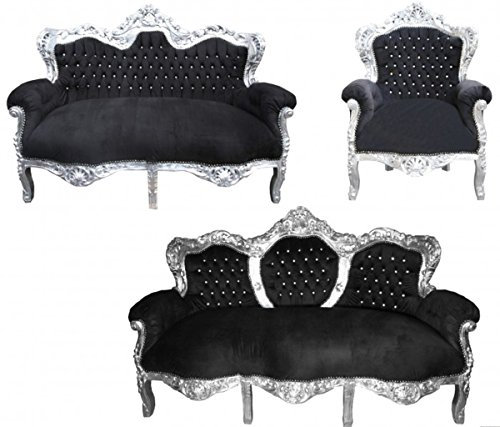 Casa Padrino Barock Wohnzimmer Set 'King' Schwarz/Silber - 3-er Sofa + 2-er Sofa + 1 Sessel