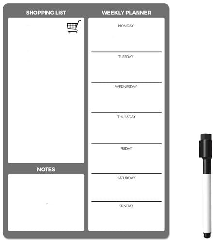 TMS Magnetic Weekly Planner and Dry Wipe Pen, Meal Planner and Shopping List, Fridge Whiteboard for Meal Prep, Notes and Reminders, Daily Plan - Dry Erase Memo Board, Kitchen or Office (Grey, A3)