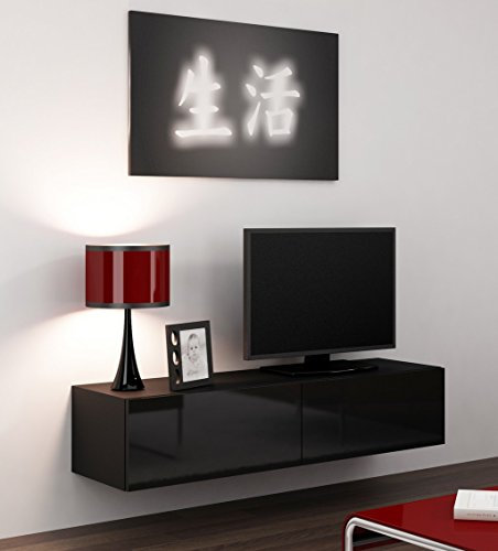 Furniture24 Tv Schrank Vigo 140 cm Länge, Hängeschrank, Wandschrank, Fernsehentisch mit 2 Klapptüren, Lowboard, Grifflose Öffnen, Push to Open (Schwarz/Schwarz Hochglanz, Ohne Beleuchtung)