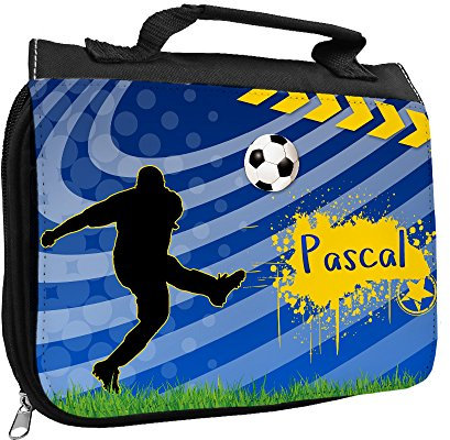 Kulturbeutel mit Namen Pascal und Fußball-Motiv für Jungen | Kulturtasche mit Vornamen | Waschtasche für Kinder