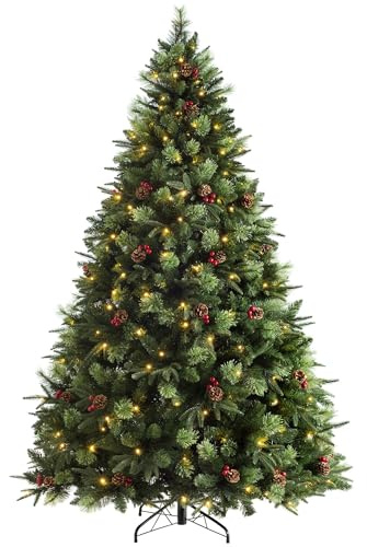WeRChristmas Pre Lit Christmas Tree 6ft Realistic, Berries & Pinecones | Warm White LED Pre Lit Christmas Tree, Over 850 Mixed PE & PVC Tips, 210 LEDs, Berries & Pinecones, 1.8m