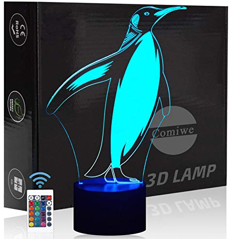 Comiwe Pinguin 3D Illusion Nachtlicht Spielzeug,Haus Dekor LED Bettseite Tischlampe 16 Farben Ändern und Fernbedienung,Weihnachten Geburtstag Geschenk für Mädchen Junge Kinder Freunde und Familie