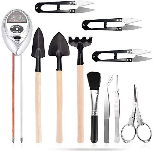 Ulikey Bodentester, Boden Messgerät mit 10-Teiligem Bonsai Werkzeug Set, 3-in-1 Boden Feuchtigkeit Meter mit Gartenschere, Faltenschere, Mini-Rechen, Trimmer Set für Garten, Pflanzen Wachstum (Silber)