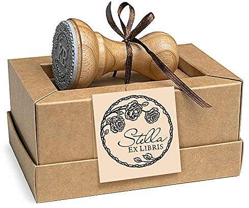 Ex libris Stempel Rose Blumenkranz Rosen Rosenblüten Personalisiert, Rund 37mm, Spezielle Geschenkbox