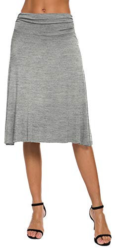EXCHIC Damen Sommer Hohe Taille A-Linie Knielang Rock Elegant Elastisch Midi Yoga Röcke (L, Hellgrau)