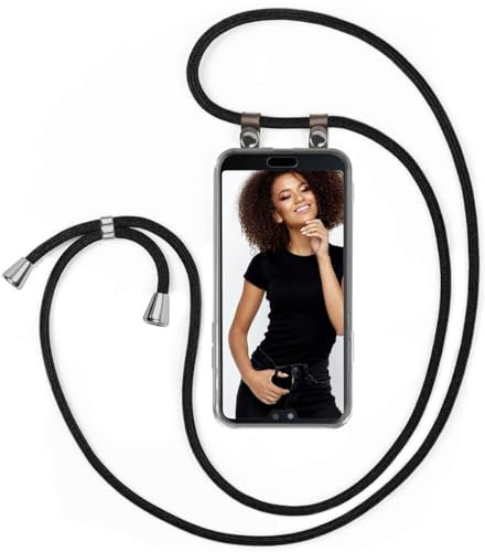 moex Handykette für Huawei P20 Hülle mit Band abnehmbar, Handyhülle mit Kette zum Umhängen, Handyband Kordel Umhängehülle, Necklace Handy Umhängeband, Schwarz