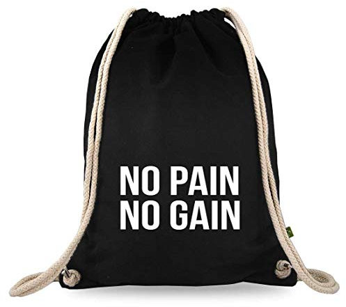 Turnbeutelliebe® Turnbeutel mit Spruch - lustige Motive & Sprüche - Bedruckt - Baumwolle schwarz - Sportbeutel - Rucksack - ca. 12 Liter - 37 x 46 cm (no Pain no gain)
