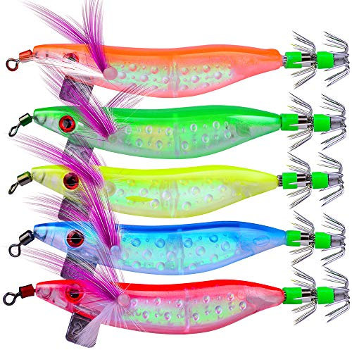 OriGlam 5 leuchtende Salzwasser Angelköder, Tintenfisch, Octopus, Garnelen, Barsch, Angelköder, Köder, leuchtende Garnelenköder, für Süß- und Salzwasser