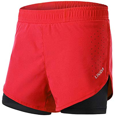 Lixada 2-in-1-Laufhose für Damen Schnell trocknend Atmungsaktiv Aktiv-Training Jogging-Radsport-Shorts mit längerem Innenschuh (Women Rot & Schwarz, S)