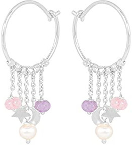 Pernille Corydon Ohrringe Silber Perlen Ohrhänger Damen Creolen Pastel Dream Hoops mit Achat Stein in Lila Rosa und Süßwasserperlen - 18 mm - (E-276)