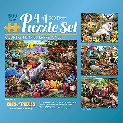 Bits and Pieces – 4-in-1 Multipack Jigsaws 500 Piece Puzzles for Adults - Puzzles Measures 18 x 24 – Picnic Surprise Pickup Tractor Summer Retreat 500 pc Multipack Jigsaws by Artist Larry Jones