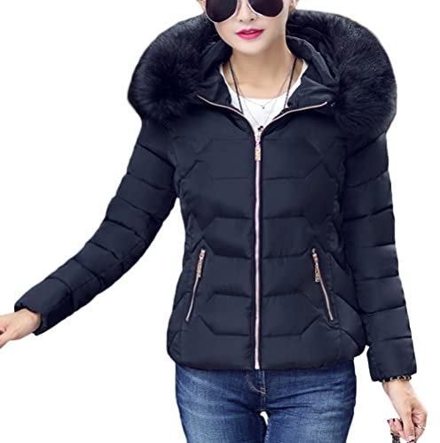 Onsoyours Femme Manteau d'hiver Jacket Court Veste à Capuche Fourrure Chaud Doudoune Elegant Slim Fit Parka Veston A Noir L