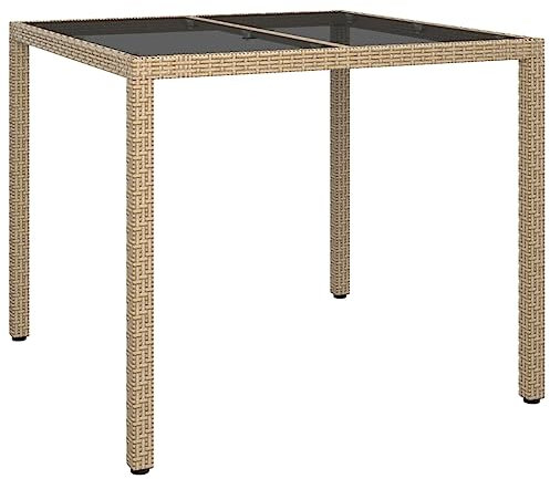 vidaXL Gartentisch Esstisch Terrassentisch Gartenmöbel Balkontisch Outdoor Tisch Außentisch 90x90x75cm Gehärtetes Glas Poly Rattan Beige
