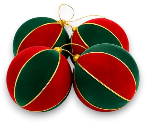 Set 4 Palline di Natale in Velluto Rosso e Verde con Finitura Dorata – Decorazioni Natalizie Eleganti per Albero di Natale – Addobbi Morbidi, Raffinati e Riutilizzabili con Cordino Oro