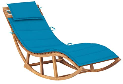Hommdiy Teak Massiv Schaukelliege mit Auflage Sonnenliege Gartenliege Holzliege Relaxliege Liegestuhl Liege Gartenmöbel Saunaliege Strandliege Freizeitliege (Blau)