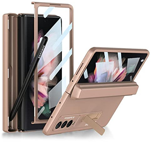 COQUE Galaxy Z Fold 3 Étui, de téléphone Tout Compris avec charnière intégrée à Membrane avec Fente pour Stylo cachée, de téléphone Pliable pour Samsung Galaxy Z Fold 3 5G-Or Rose