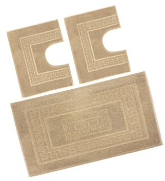 BiancheriaWeb Tappeto Bagno Doccia Spugna Tinta Unita Torino Tappetino Super Assorbente in Cotone Pelo Corto con Greca Parure 3 Pezzi Beige