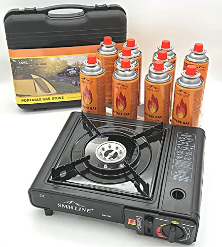 SMH LINE® Réchaud à gaz de camping avec 12 cartouches de gaz de 227 g - Mallette de camping - Cuisinière d'extérieur - Barbecue de table - 1 feu