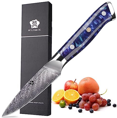 WILDMOK Couteau d'Office 9 cm en Acier Damas VG-10 67 Couches - Petit Couteau de Cuisine pour Fruits et Légumes