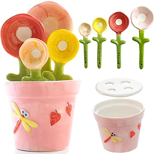 Cactus Measuring Spoons Set in Pot Ceramic Baking Measuring Spoons Cups with Holder for Dry Wet Ingredients Cute Cactus Figurine Dishwasher Safe Unique Gift (Pink Flower)