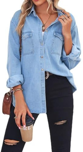 Chemisier Femme,Chemise en Jean Manches Longues pour Femmes Chemisier Délavé Chemises Hauts Décontractés Chemisiers Lâches (FR/ES, Alpha/Lettres, TG, Taille Normale, Taille Normale