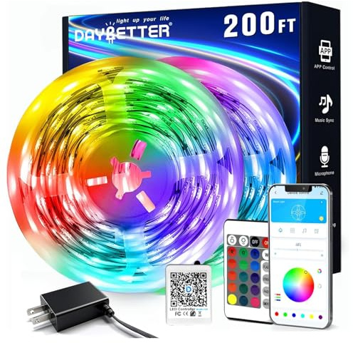 DAYBETTER LED Strip Lights 200 ft (2 Rolls of 100 ft), Smart App Control Lighting Bedroom Rome Decor with Remote, RGB Music Sync Color Changing LED Lights for Party