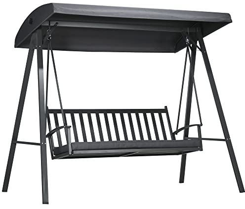 Outsunny 3-Seat Garden Swing Chair, Outdoor Canopy Swing with Removable Cushion, Adjustable Shade, and Slatted Bench, for Porch, Poolside, Backyard, Dark Grey