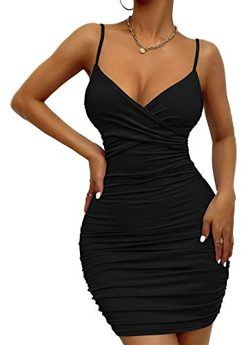 BKEPDY Women Wrap Deep V Neck Sexy Mini Dress Spaghetti Strap Ruched Bodycon Tank Cami Sleeveless Front Slit Dresses Club Party Y2K Cocktails Dress Clubwear Black
