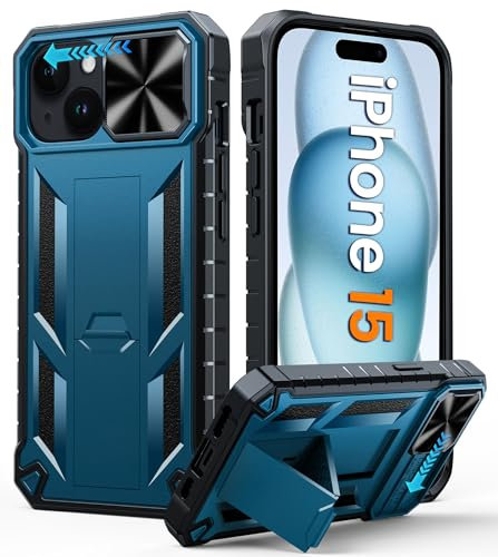 FNTCASE for iPhone 15 Case: Rugged Military Grade Full Protection Shockproof Protective Case with Kickstand | TPU Matte Textured Heavy Duty Hard Bumper Phone Cover for iPhone 15 6.1 Blue