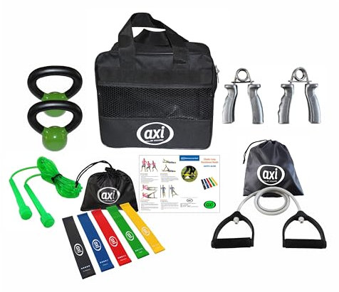AXI Fitness Bag Fitnessmaterial mit Tragetasche | U.a. Widerstandsbänder, Widerstandskabel, Kettlebells & Springseil | Fitness Material/Fitnessbänder Set für Zuhause