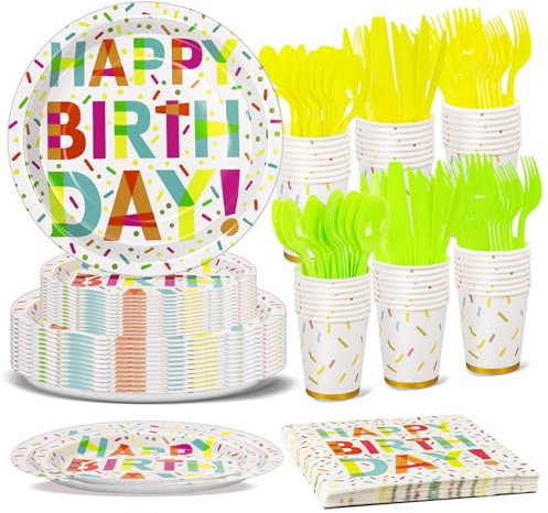 Nkaiso Birthday Party Tableware Set, Coloured Kids Birthday Party Supplies 192 pcs Paper Plates Napkins Cups Reusable Cutlery for Birthday Baby Shower Party Decorations -24 Guest