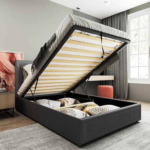 Blisswood Ottoman Bed, Upholstered Bed Frame, Ottoman Bed With Storage Gas Lift End Opening Wooden Slats Single Double Bed Frame With Storage (Linnen Dark Grey, Small)