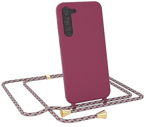 EAZY CASE - Necklace Silicon - kompatibel mit Samsung Galaxy S23 Plus Slim mit Microfiber, Phone Case, Abnehmbare Handykordelabnehmbar Beere mit Schulterriemen in Rot Camouflage Clips Gold