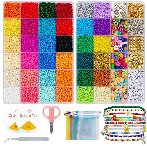 Lot de 18 000 Perles à Enfiler - Perles en verre de 3 mm - Pour Fabrication de Bracelets - Kit de Perles Esthétiques - Bricolage pour Collier - Bracelets d'amitié - Cadeau pour Noël, Anniversaires