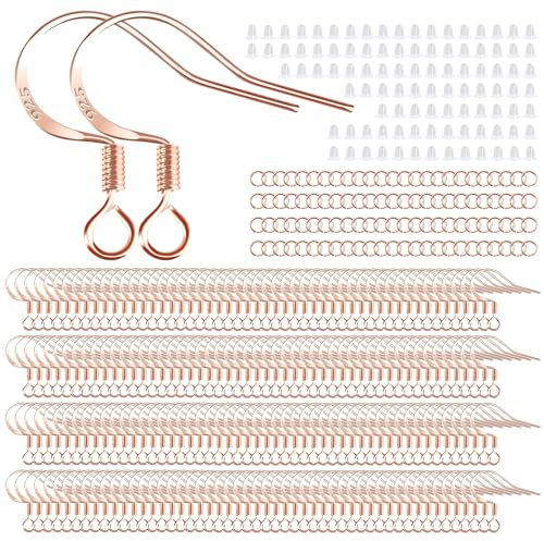 200 PCS/100 Pairs Rose Gold Tone Earring Hooks 925 Sterling Silver Plated Hypoallergenic Ear Wires Fish Hooks with 100 PCS Silicone Earring Backs and Jump Rings Earring Finding for DIY Jewelry Making