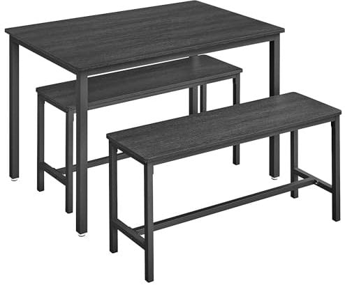 VASAGLE Esstisch mit 2 Bänken, 3er-Set, Küchentisch 70 x 110 x 75 cm, 2 Bänke je 30 x 97 x 50 cm, Stahlgestell, aschschwarz-tintenschwarz KDT070B21
