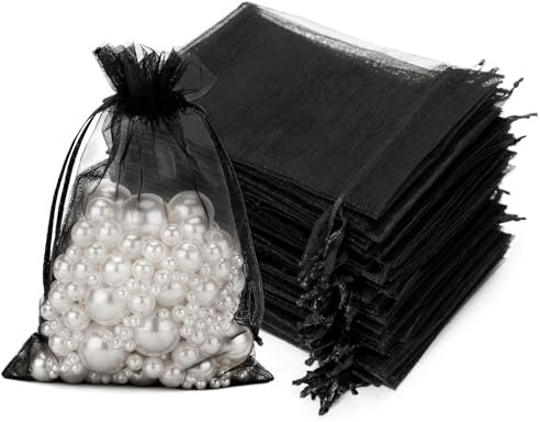 G2PLUS Schwarz Organzasäckchen, 7x9cm Kleine Geschenk Organzabeutel, 50 Stück Organza-Beutelchen mit Kordelzug Sie als Hochzeit Bonbonsbeutel, Schmuckbeutel, Geschenkbeutel