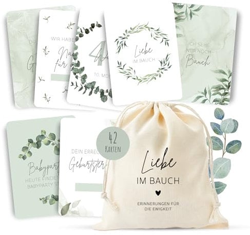 MeinBaby123® Meilensteinkarten Schwangerschaft | Meilenstein Karten Set Geschenk zur Schwangerschaft | Fotokarten für die Schwangerschaft | 42 Karten Inkl. hochwertigem Baumwollsäckchen (Eukalyptus)
