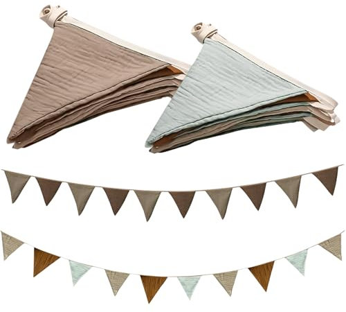 TOATELU 2 Stück Wimpelkette Kinderzimmer: Stoff Wimpelkette aus Musselin Baumwolle, Kinderzimmer Deko, Wimpelkette Stoff Kinderzimmer, Deko Zubehör für Hausbett, Babybett, Kinderbett, Wand