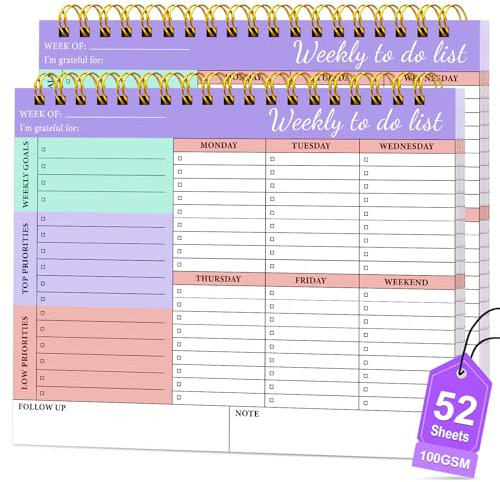2 Pack To-do-Listen Wochenplaner Block mit 52 Undatierten Seiten, Wöchentlicher Notizblock mit Zielen, A4 Wochenplaner Notizblock 8.5×11, Aufgabenplanungsblock mit Pp Einband für Frauen Männer